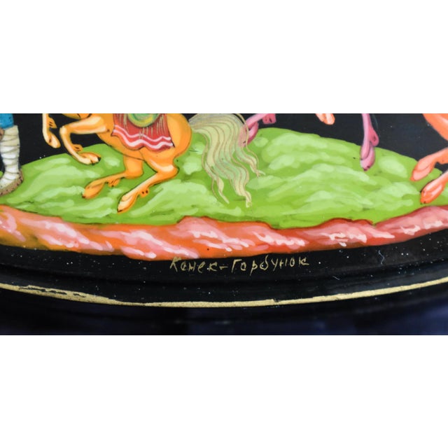 Renaissance Vintage Russian Palekh Lacquer Box Humpbacked Horse Signed Hand Painted Art For Sale - Image 3 of 16
