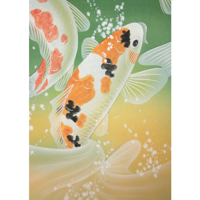 "Dancing Carps" by Akimitsu Sataka, Japanese Silk Scroll Painting in Original Wooden Case For Sale - Image 10 of 18