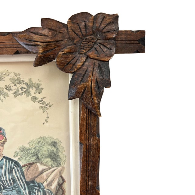 Mid 19th Century Pair of Victorian Fashion Engravings in Carved Black Forest Frames, 19th C. For Sale - Image 5 of 17