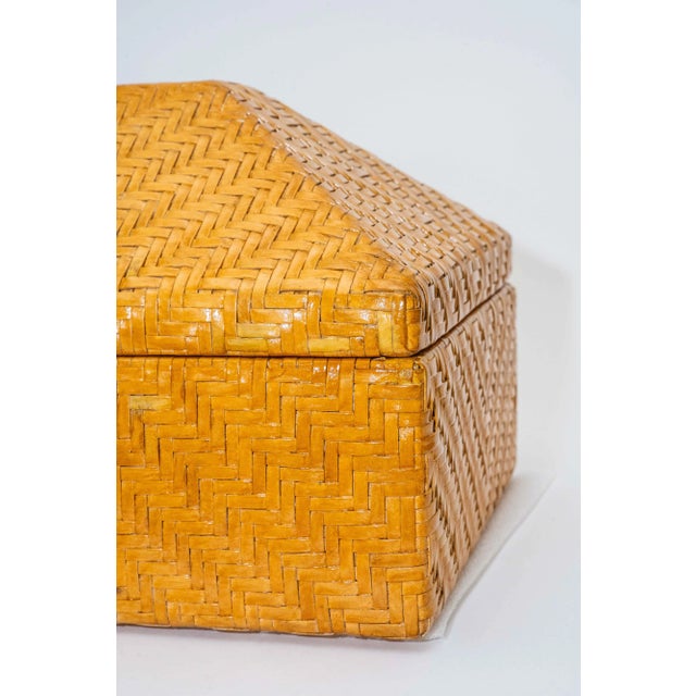 Vintage Woven Leather and Wood Hinged Monumental Box Rattan Style Pagoda Style For Sale - Image 4 of 15