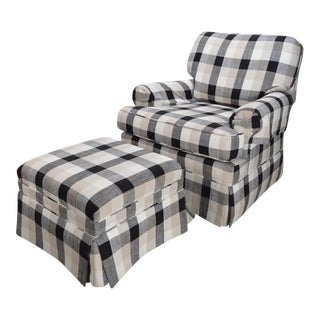 Late 20th Century Upholstered Black & Gray Plaid Check Club Chair With Matching Ottoman For Sale