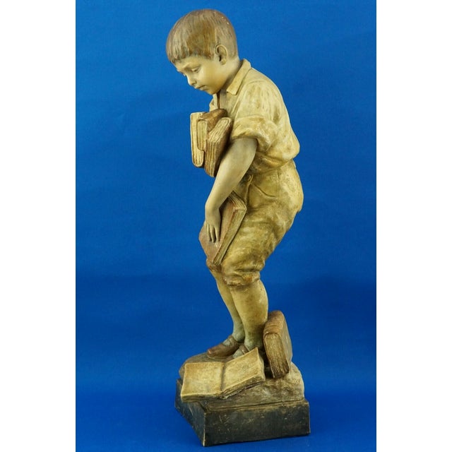19th Century Terracotta Sculpture Child with Books by Otto Petri for Goldscheider, Austria, 1800s For Sale - Image 9 of 18