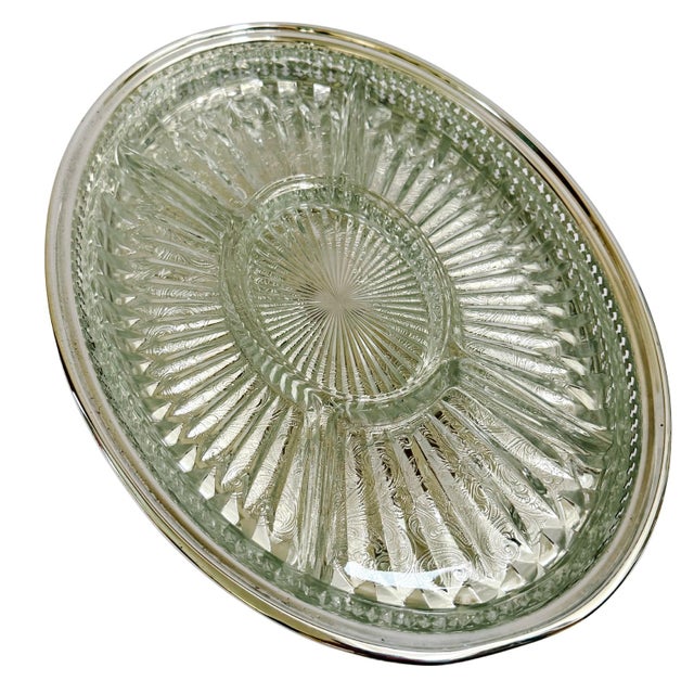 Mid-Century Modern Mid 20th Century Silver Plated Gallery Tray & Sunburst Pressed Glass Hors d'Oeuvres Insert For Sale - Image 3 of 7