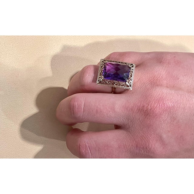 13.5 Carat Checker Board Amethyst Filigree Cocktail Ring in 14 Karat Yellow Gold For Sale - Image 11 of 18