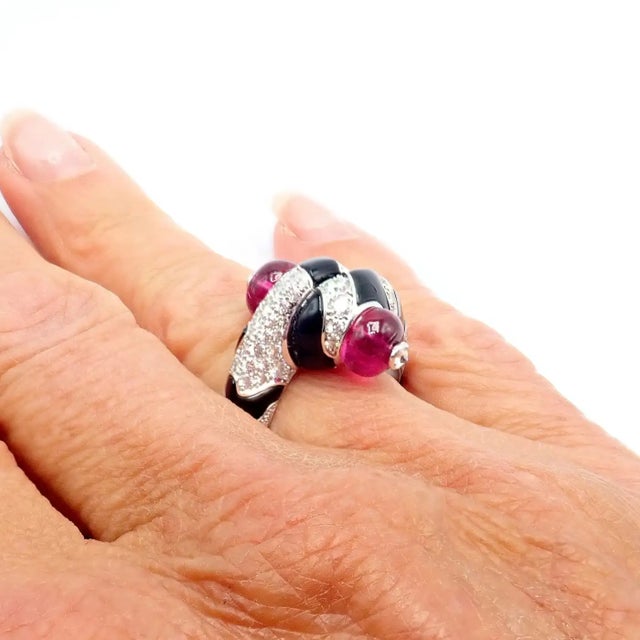 Cartier Beautés Du Monde White Gold Diamond Rubellite Onyx Ring, Size 6 For Sale - Image 9 of 12