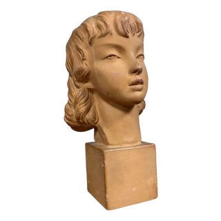 Art Deco Terracotta Bust of a Young Girl by J. C. Guéro, 1940s For Sale