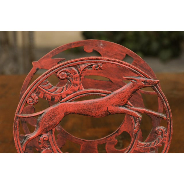 English 1930s Red Painted Metal Magazine Rack with Medallions and Greyhounds For Sale - Image 11 of 11