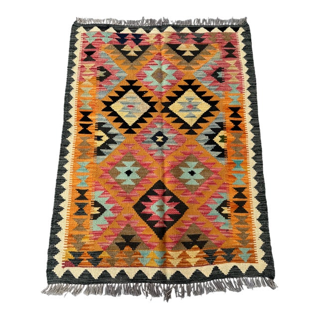 Vintage Afghan Handwoven Colorful Kilim Rug, Geometric Tribal Flat-Weave Wool Rug For Sale