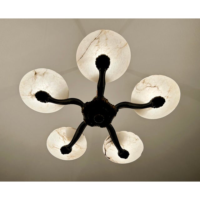 Large Art Deco Alabaster Pendant Light with Marble and Bronze, 1930s For Sale - Image 12 of 18