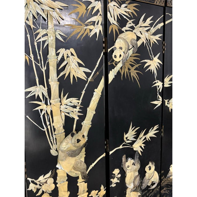 Early 19th Century Large 4 Panel, Room Divider/ Work of Art. Carved Mother-of-Pearl on Ebony Enamel Wood Depicting Family of Pandas. For Sale - Image 9 of 9