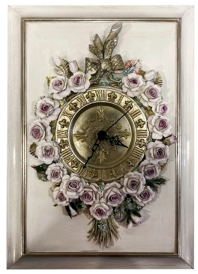 Vintage Porcelain Wall Clock with Handcrafted Floral Decor by