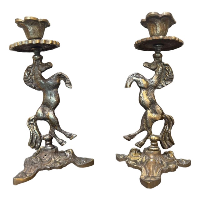 Antiqued Brass Horse Candlestick Pair For Sale