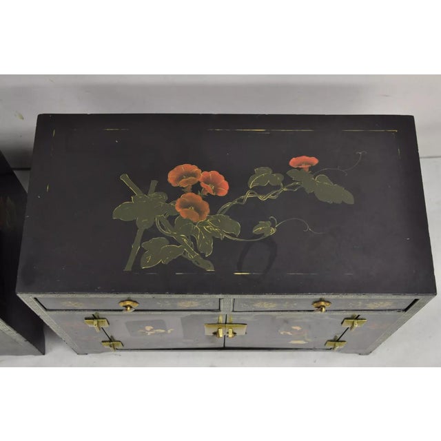 Late 20th Century Vintage Chinese Small Asian Black Lacquer Painted Cabinets - a Pair For Sale - Image 5 of 12