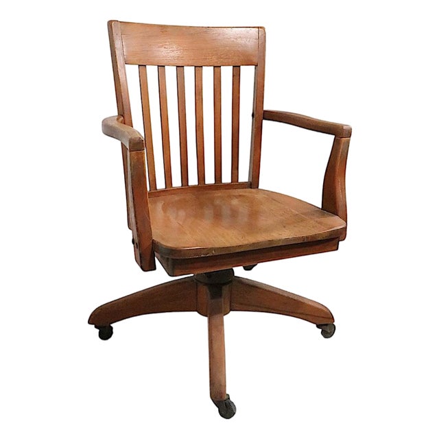 Antique Bank of England Jury Style Adjustable Swivel Oak Desk Chair C. 1920/40's For Sale