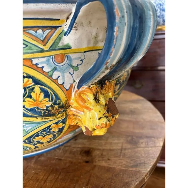 Early 20th Century Enormous Tuscan Over Sized Early Twentieth Century Hand Painted Sicilian Italian Centerpiece Planter With Lionhead Handles Italy For Sale - Image 6 of 11