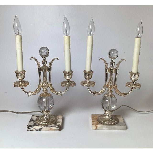 Traditional Silvered Bronze Candelabra Lamps by Pairpoint - A Pair For Sale - Image 3 of 9