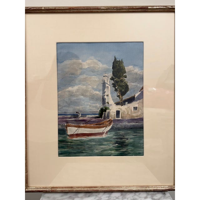 Art Nouveau 1960s Mediterranean Coastal & Village Scenes Original Watercolor in Custom Silver Leaf Frame - Unknown Artist For Sale - Image 3 of 3