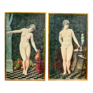 19th Century Romantic Academic Pair Nude Female Woman Antique Oil Paintings Art