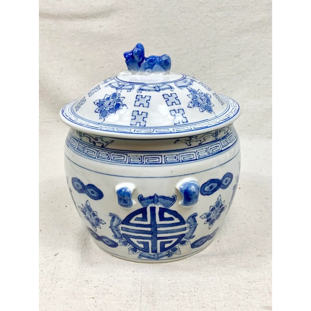 Large Vintage Blue and White Lidded Jar For Sale - Image 9 of 13