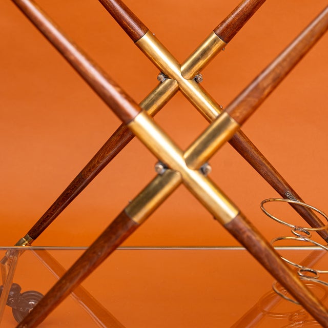 Mid-Century Modern Italian Folding Serving Trolley in Brass with Teak and Glass, 1950s For Sale - Image 3 of 6