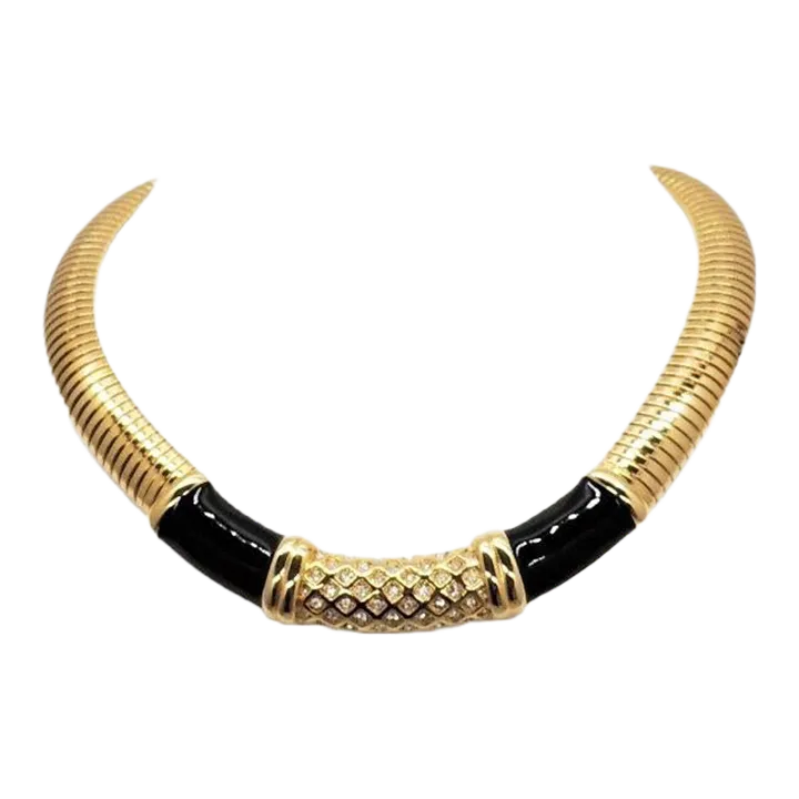 Vintage 1980s Signed Monet Black Enamel & Clear Rhinestone Collar