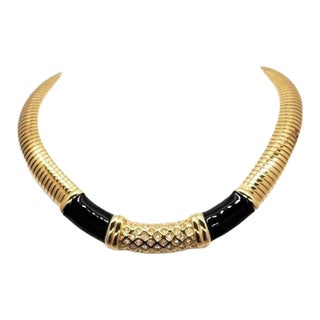 Vintage 1980s Signed Monet Black Enamel & Clear Rhinestone Collar Necklace For Sale