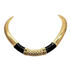 Vintage 1980s Signed Monet Black Enamel & Clear Rhinestone Collar Necklace