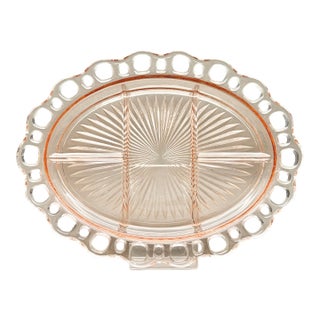 Vintage Pink Anchor Hocking “Old Colony” Open Lace 5-Part Divided Relish Dish Platter For Sale