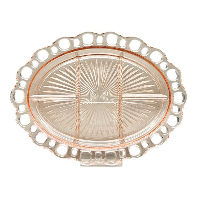 Vintage Pink Anchor Hocking “Old Colony” Open Lace 5-Part Divided Relish Dish Platter For Sale