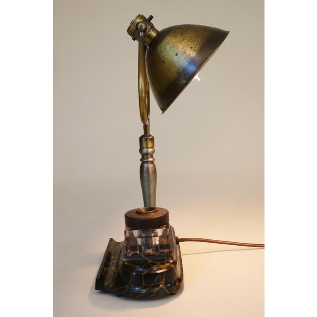 1910s Rare Arts Crafts Bradley Hubbard Brass Tilt Shade Pen Inkwell Cast Iron Student Table Lamp For Sale - Image 11 of 13