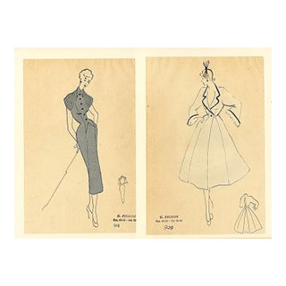 1940s Set of 2- Mid-Century French Original Fashion Drawings-Watercolor, Pen & Ink For Sale