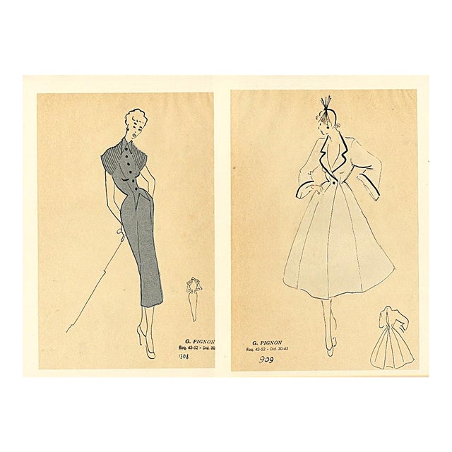 1940s Set of 2- Mid-Century French Original Fashion Drawings-Watercolor, Pen & Ink For Sale