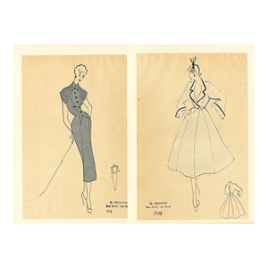 1940s Set of 2- Mid-Century French Original Fashion Drawings-Watercolor, Pen & Ink