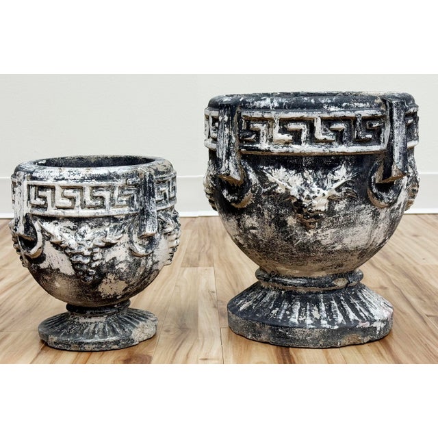 Mid 20th Century Vintage Greek Key and Grape Motif Concrete Planter Pair For Sale - Image 5 of 9
