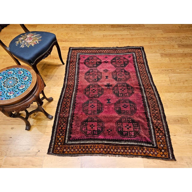 Vintage Afghan Bokhara Area Rug, Hand-Knotted Wool, Allover Geometric Pattern, Plum & Burgundy, 4x5 For Sale In Chicago - Image 6 of 17