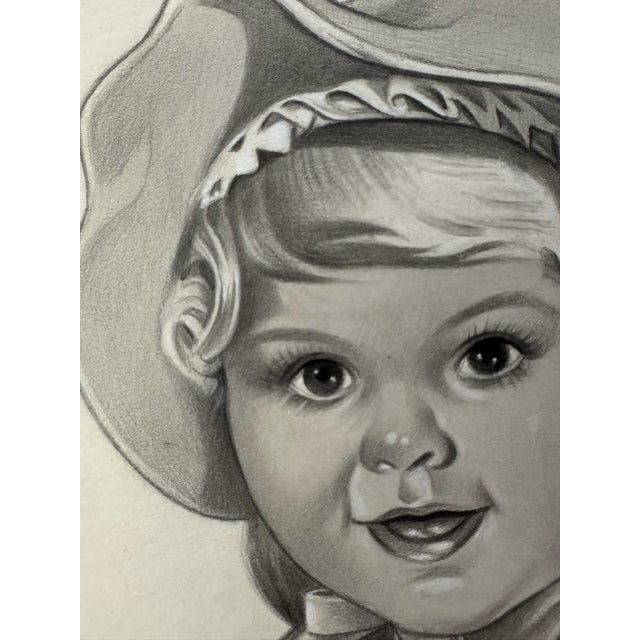 American 1940s Original Signed Graphite Illustration of Smiling Child in Bonnet, 11 × 8.5 In. For Sale - Image 3 of 7