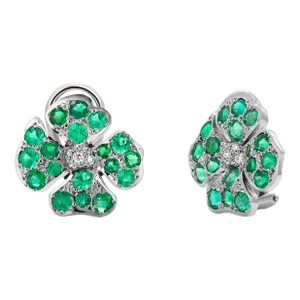 Emerald and Diamond 3.30 Carat 18 Karat Gold Floral 0.85 Inch Clip on Earrings - 2 Pieces