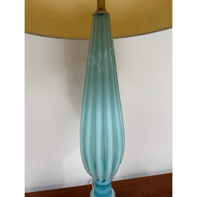 Mid-Century Modern Beautiful Vintage Turquoise Murano Opaline Glass Lamp With Ribbed and Flared Shape For Sale - Image 3 of 9