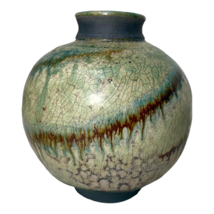 Vintage Signed Tom Neugebauer Black Green Drip Glaze Raku Blackware Pottery Vase