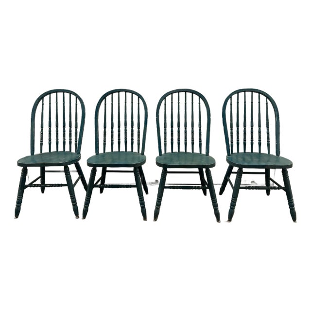 1980s Teal Blue Farmhouse Windsor Dining Room Chairs- Set of 4 For Sale