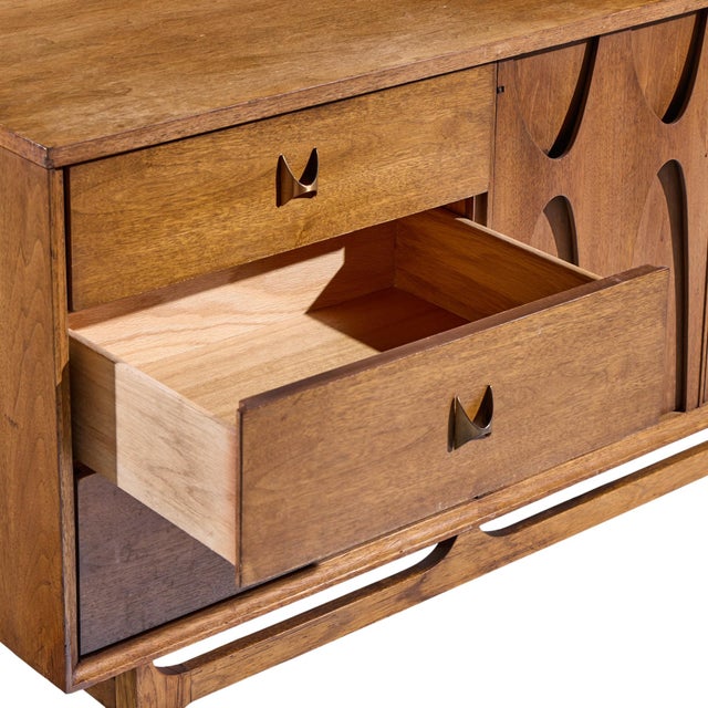 Wood Broyhill Brasilia Mid Century Walnut and Brass Lowboy Dresser For Sale - Image 7 of 10