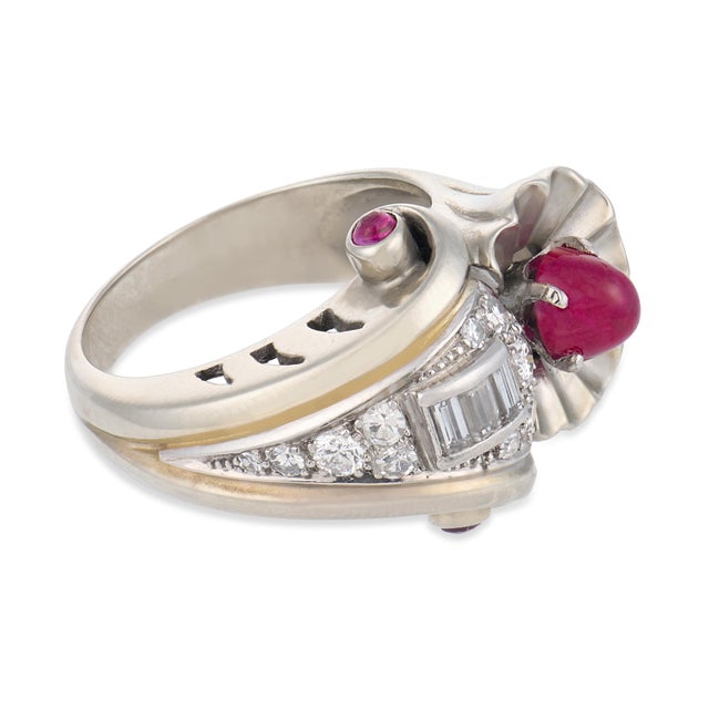 Mid 20th Century Retro Ruby Diamond 18k White Gold Cocktail Ring, Size 6.5 For Sale - Image 4 of 6