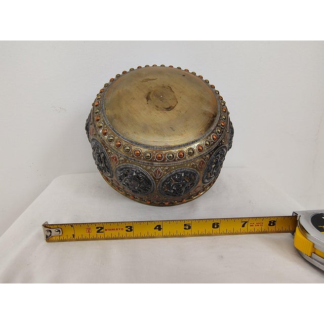 Indian Antique 19th Century Thanjavur Tri-Metal Bowl - Hand-Hammered Silver and Copper on Brass - Tanjore South Indian Art For Sale - Image 3 of 11