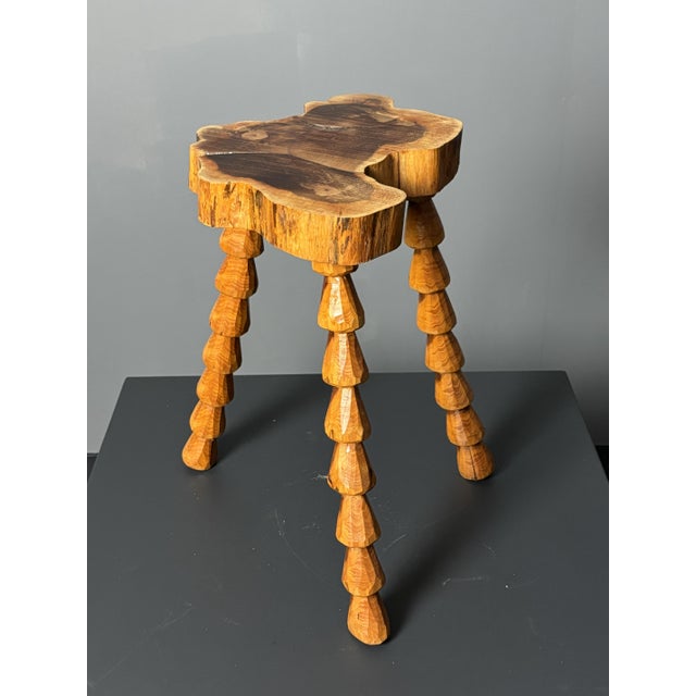 Khaki Mid-Century Brutalist French Artisanal Handmade Wood Turned Tripod Stool, 1960s For Sale - Image 8 of 17