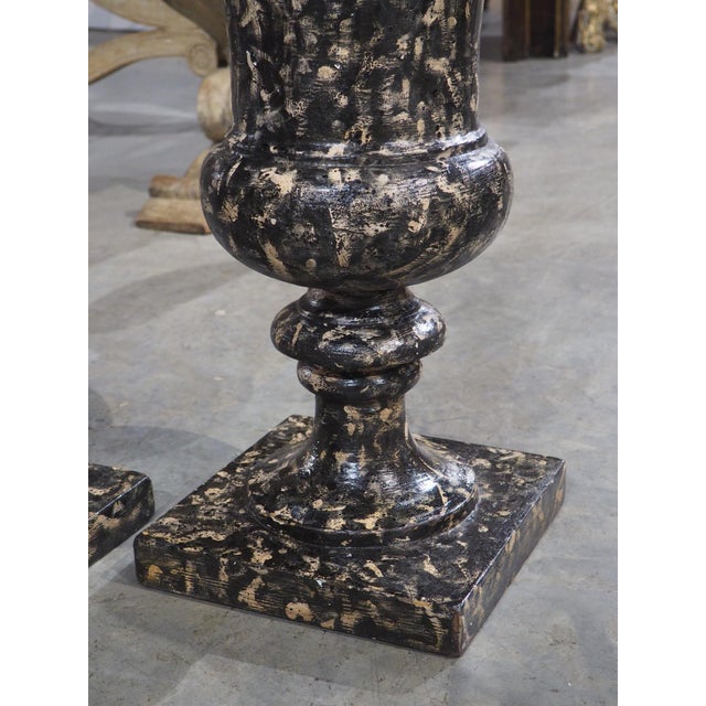 Pair of Decorative Faux Portoro Marble Wooden Campana Vases From Italy For Sale - Image 18 of 18