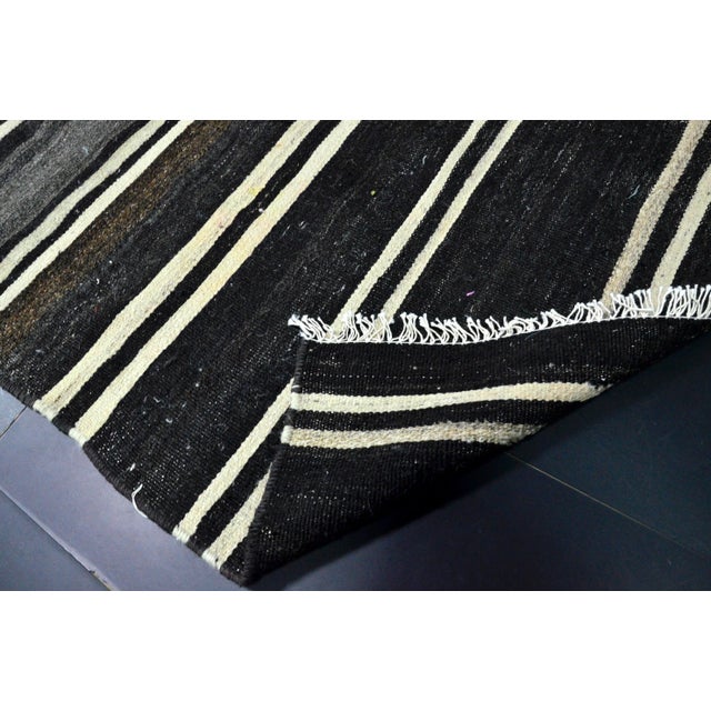 Vintage Tribal Turkish Black Kilim Runner Rug For Sale - Image 10 of 11