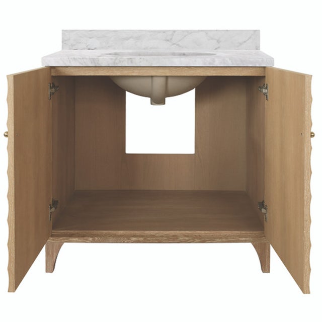 2020s Matthew Izzo Home Rhodes Cerused Oak Two Fluted Doors, Single Sink Porcelain Bath Vanity With and Carrara Marble and Brass Knobs For Sale - Image 5 of 10