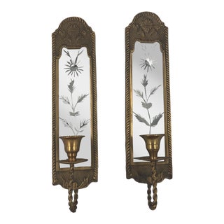 Vintage Regency Brass Etched Mirror Candle Sconces- a Pair For Sale