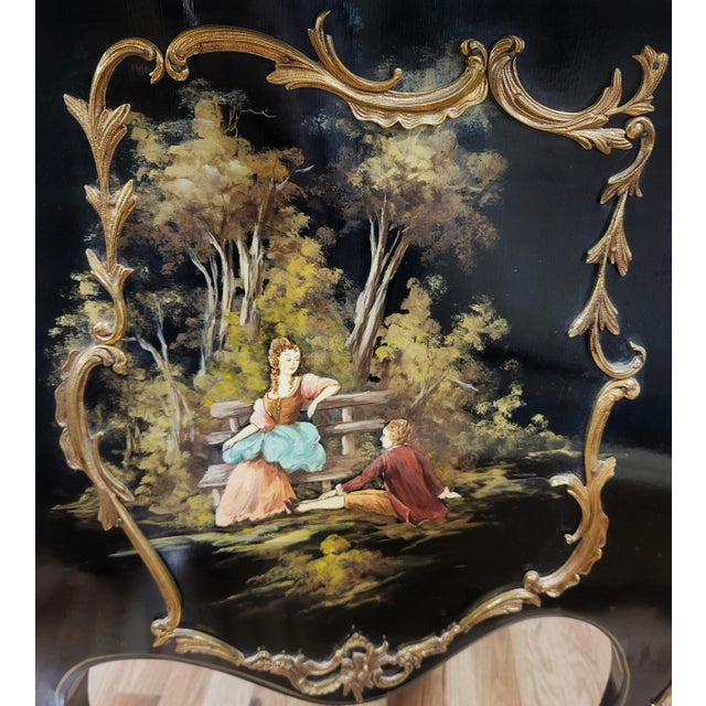 Vintage Louis XV Style Black Lacquered & Painted Marble Top Bronze Mounted Commode For Sale - Image 11 of 18