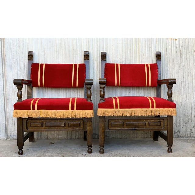 Spanish 19th Set of Six Spanish Low Armchairs in Carved Walnut and Red Velvet Upholstery For Sale - Image 3 of 12